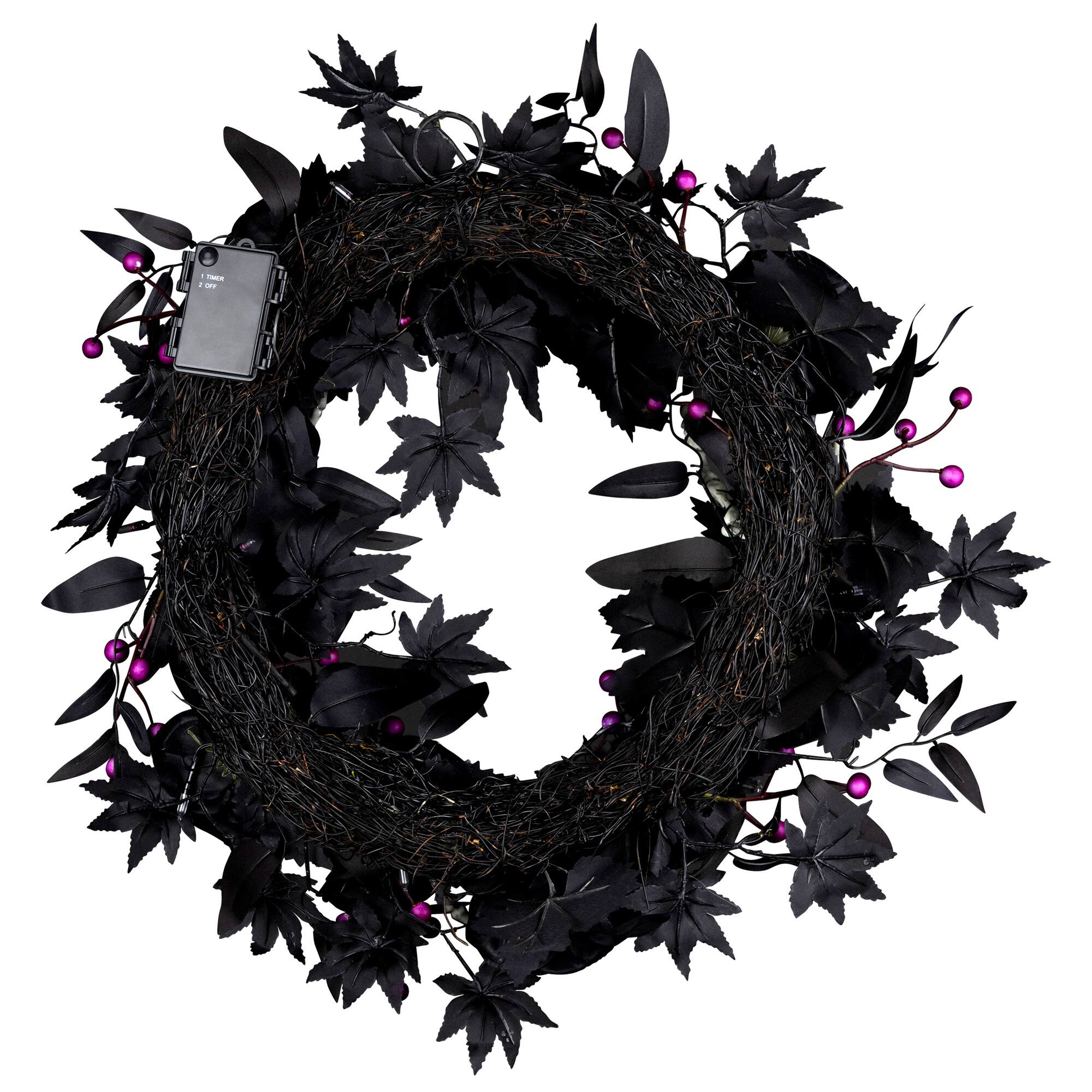 24" Bad to the Bone Black Flower & Skeleton Hand Halloween Pre-Lit LED Wreath